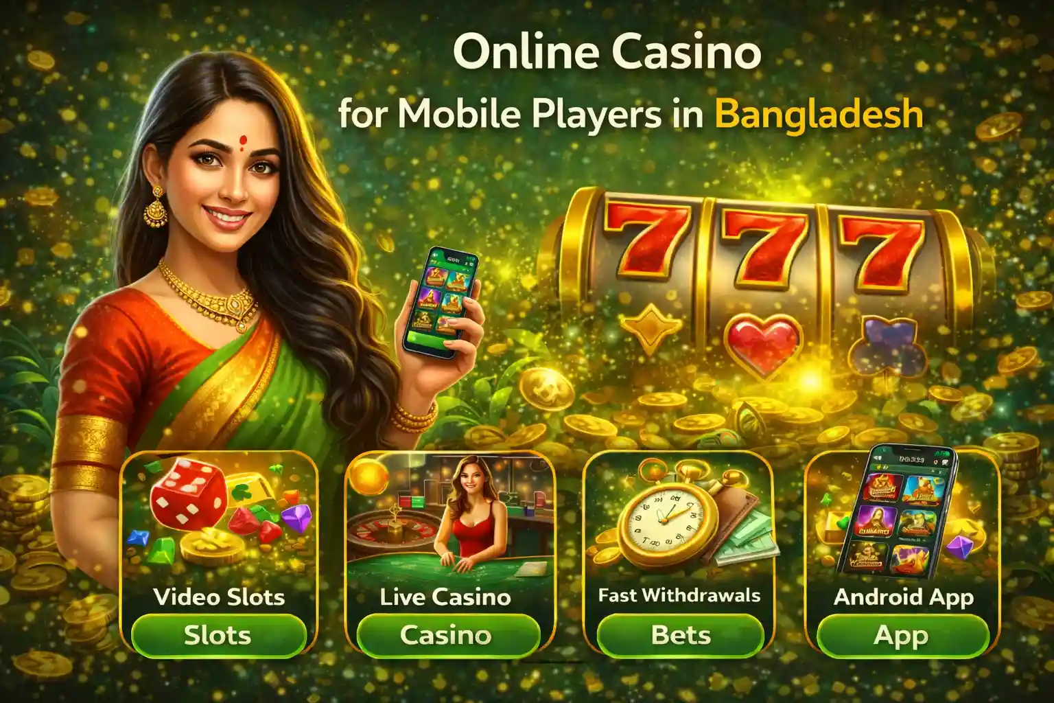 Bangladeshi woman using mobile casino app with slots and gold coins